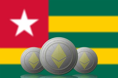 3D İLETİM 3 ETHEREUM kripto para birimi ve arkasında Togo Cumhuriyeti bayrağı.