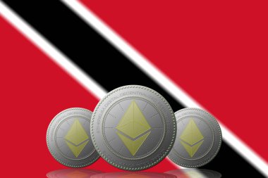 Arka planda Trinidad ve Tobago bayrağı bulunan üç ETHEREUM şifrelemesi.