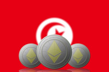 3 Boyutlu İLETİM Arka planında Tunus bayrağı olan ETHEREUM şifreleme.
