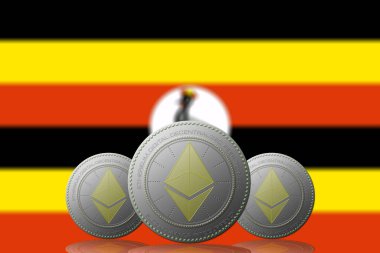3 Boyutlu İLETİM Arka planında Uganda bayrağı olan ETHEREUM şifreleme.
