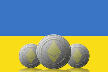 3 Boyutlu İLETİM Arka planda Ukrayna bayrağı bulunan ETHEREUM şifreleme birimi.