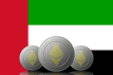 3 Boyutlu İLETİM. Arka planda Birleşik Arap Emirlikleri bayrağı bulunan ETHEREUM şifreleme birimi..