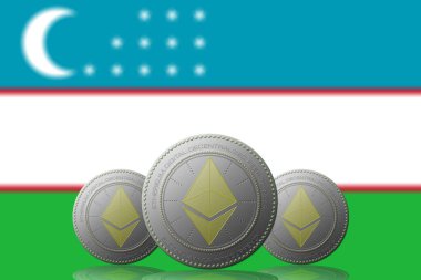 3 Boyutlu İLETİM 3 ETHEREUM şifreleme sistemi ve Özbekistan bayrağı arka planda.