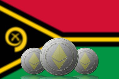 3 Boyutlu İLETİM Arka planında Vanuatu bayrağı olan ETHEREUM şifreleme.