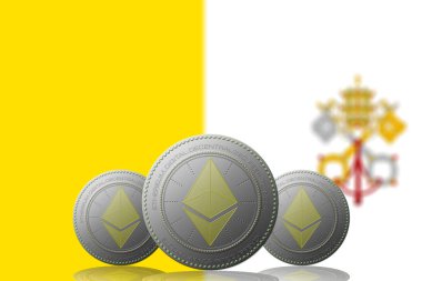 3 Boyutlu İLETİM Arka planda Vatikan bayrağı bulunan ETHEREUM şifreleme birimi.