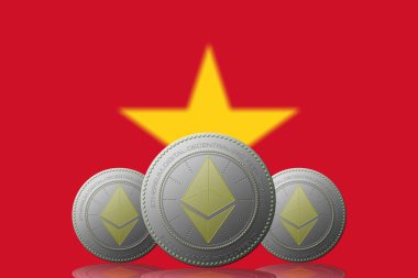 3D BÖLÜM 3 ETHEREUM kripto para birimi ve arkasında Vietnam bayrağı.