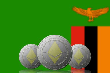 3 Boyutlu İLETİM Arka planda Zambiya bayrağı bulunan ETHEREUM şifreleme.
