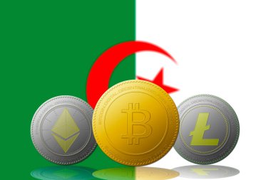 Arka planda ALGERIA bayrağı bulunan üç kripto para birimi Bitcoin Ethereum ve Litecoin