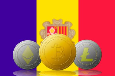 Arka planda ANDORRA bayrağı bulunan üç kripto para birimi Bitcoin Ethereum ve Litecoin