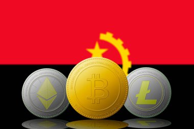 Üç kripto para birimi Bitcoin Ethereum ve Litecoin. Arka planda Angola bayrağı var.