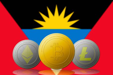 Arka planda Antigua ve Barbuda bayrağı olan üç kripto para birimi Bitcoin Ethereum ve Litecoin