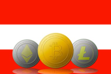 Arka planda Avusturya bayrağı bulunan üç kripto para birimi Bitcoin Ethereum ve Litecoin