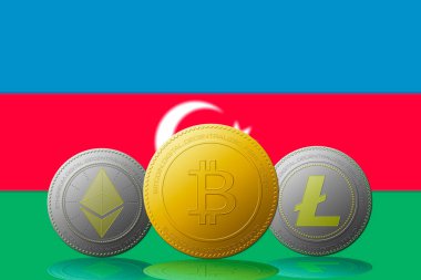 Arka planda Azerbaycan bayrağı bulunan üç kripto para birimi Bitcoin Ethereum ve Litecoin