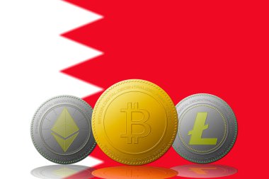 Arka planında Bahreyn bayrağı olan üç kripto para birimi Bitcoin Ethereum ve Litecoin.