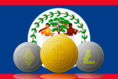 3 boyutlu illüstrasyon 3 kripto para birimi Bitcoin Ethereum ve arka planda Belize bayrağı olan Litecoin.