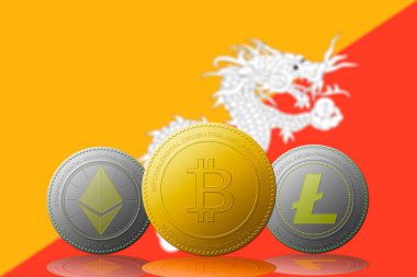 Arka planda Butan bayrağı olan üç kripto para birimi Bitcoin Ethereum ve Litecoin