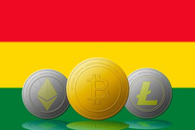 Arka planda Bolivya bayrağı bulunan üç kripto para birimi Bitcoin Ethereum ve Litecoin