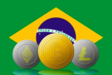 Arka planda BRAZIL bayrağı bulunan Bitcoin Ethereum ve Litecoin üç kripto para birimi