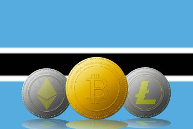 Arka planda Botsvana bayrağı olan üç kripto para birimi Bitcoin Ethereum ve Litecoin