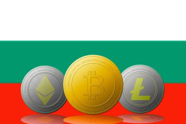 Arka planda Bulgaristan bayrağı bulunan üç kripto para birimi Bitcoin Ethereum ve Litecoin