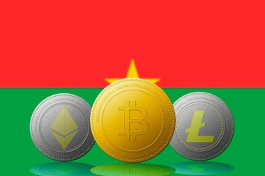 Arka planda Burkina Faso bayrağı bulunan üç kripto para birimi Bitcoin Ethereum ve Litecoin