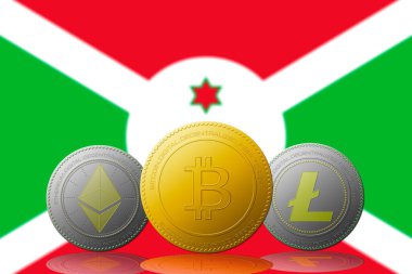 Arka planda Burundi bayrağı olan üç kripto para birimi Bitcoin Ethereum ve Litecoin