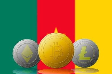 Arka planında Kamerun bayrağı olan üç kripto para birimi Bitcoin Ethereum ve Litecoin