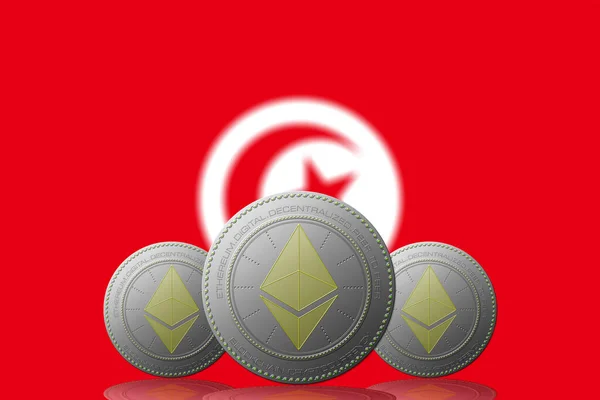 3Dイラストチュニジアの旗を背景にした3つのEthereum暗号通貨 — ストック写真