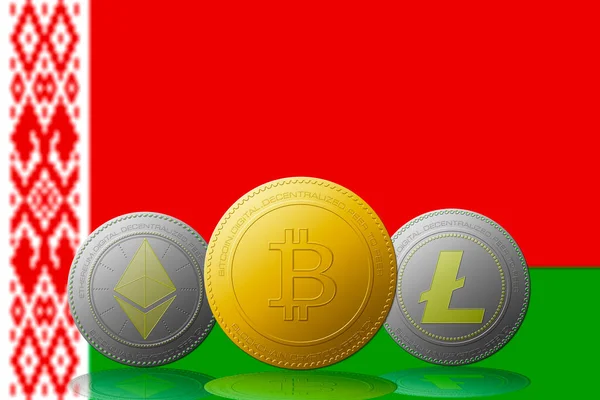 Arka planda Belarus bayrağı bulunan Bitcoin Ethereum ve Litecoin üç kripto para birimi.