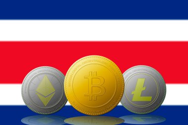 Arka planda Kosta Rika bayrağı bulunan üç kripto para birimi Bitcoin Ethereum ve Litecoin