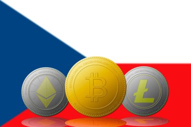 Arka planda Çek Cumhuriyeti bayrağı bulunan üç kripto para birimi Bitcoin Ethereum ve Litecoin