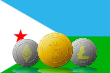 Arka planda Cibuti Yibuti bayrağı bulunan üç kripto para birimi Bitcoin Ethereum ve Litecoin