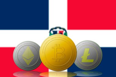 Arkasında Dominik Cumhuriyeti bayrağı olan üç kripto para birimi Bitcoin Ethereum ve Litecoin
