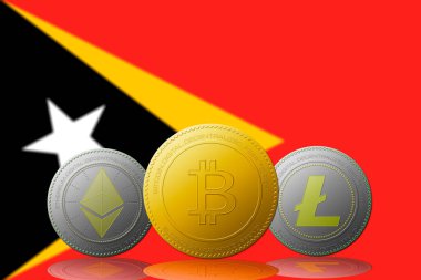 Arka planda Doğu Timor bayrağı bulunan üç kripto para birimi Bitcoin Ethereum ve Litecoin