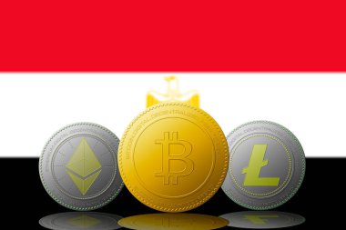Arkasında Mısır bayrağı olan üç kripto para birimi Bitcoin Ethereum ve Litecoin