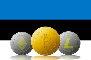 Arka planda Estonya bayrağı bulunan üç kripto para birimi Bitcoin Ethereum ve Litecoin