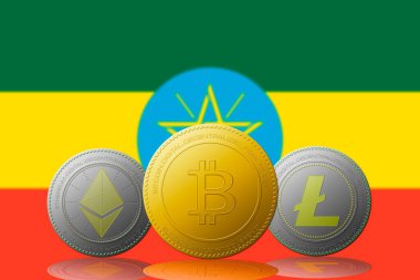 Arka planda Etiyopya bayrağı bulunan üç kripto para birimi Bitcoin Ethereum ve Litecoin