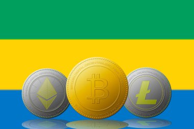 Arka planda Gabon bayrağı olan üç kripto para birimi Bitcoin Ethereum ve Litecoin