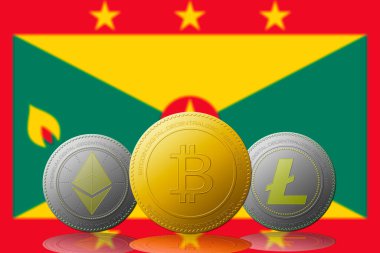 Arka planında Grecia bayrağı olan üç kripto para birimi Bitcoin Ethereum ve Litecoin