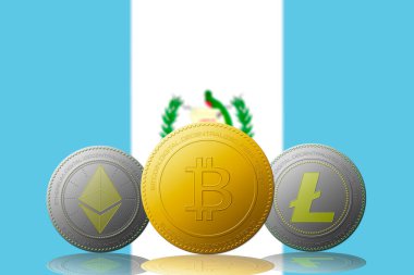 Arka planda Guatemala bayrağı olan üç kripto para birimi Bitcoin Ethereum ve Litecoin