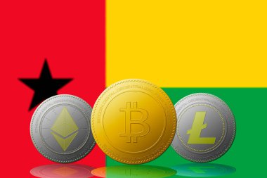 Arka planda Gine Bissau bayrağı bulunan üç kripto para birimi Bitcoin Ethereum ve Litecoin
