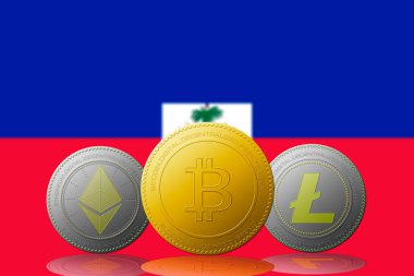 Üç kripto para birimi Bitcoin Ethereum ve arkasında Haiti bayrağı olan Litecoin.