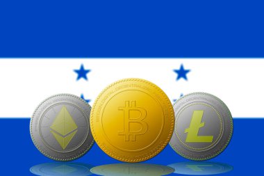 Arka planda Honduras bayrağı olan üç kripto para birimi Bitcoin Ethereum ve Litecoin