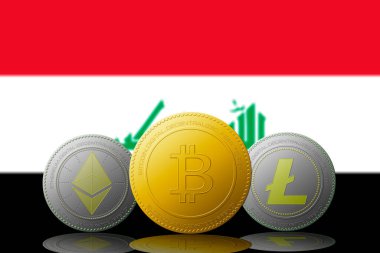 Üç kripto para birimi Bitcoin Ethereum ve Litecoin. Arka planda Irak bayrağı var.