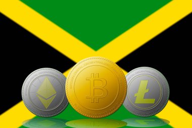 Arka planında Jamaika bayrağı olan üç kripto para birimi Bitcoin Ethereum ve Litecoin