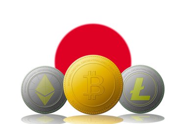 Üç kripto para birimi Bitcoin Ethereum ve Litecoin. Arka planda Japonya bayrağı var.