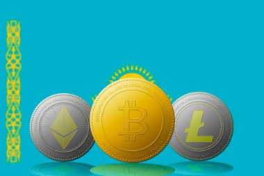Arka planda Kazakistan bayrağı bulunan üç kripto para birimi Bitcoin Ethereum ve Litecoin