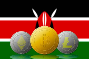 Arka planda Kenya bayrağı bulunan Bitcoin Ethereum ve Litecoin üç kripto para birimi