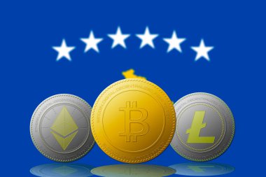 Arka planda Kosova bayrağı bulunan üç kripto para birimi Bitcoin Ethereum ve Litecoin