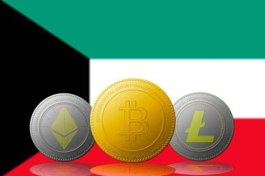 Arka planda Kuveyt bayrağı bulunan üç kripto para birimi Bitcoin Ethereum ve Litecoin